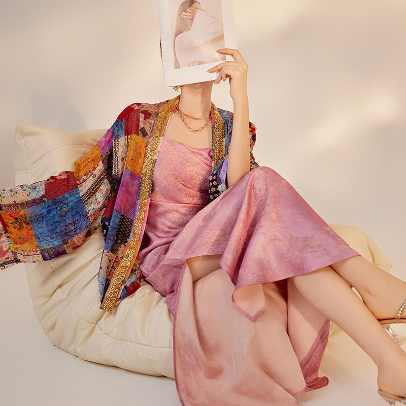 summer new Chinese style silk suspender dress female retro celebrity slim-fit hip-wrapped long dress M6055