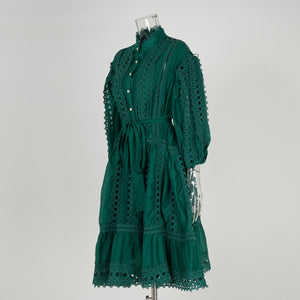 Real spot Bohemian vacation style hollow lace semi-turtleneck lantern sleeve Tencel cotton short dress