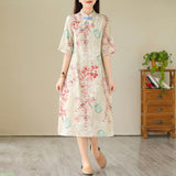 summer new temperament literary and retro printing national style diagonal placket temperament stand-up collar dress improved cheongsam skirt