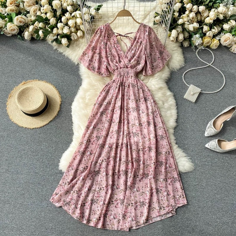 Seaside Holiday Dress Summer 2025 New Sexy V-neck Tight Waist Slimming Long Chiffon Floral Beach Dress