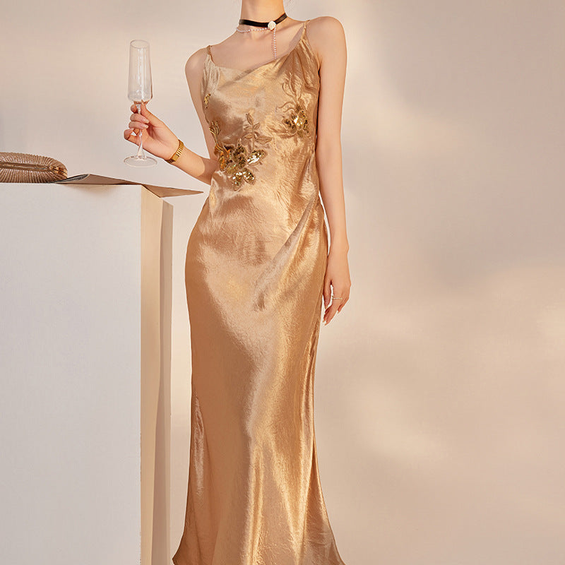 National style, celebrity style, fashion sequin suspender dress, women's high-end fashion sense, acetate hip skirt M6086