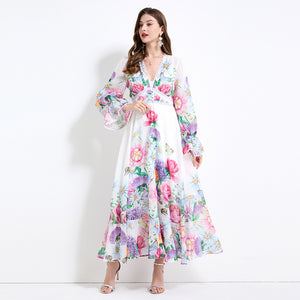 niche vacation style deep V-neck lace splicing dress women's high waist and thin ruffle edge printed long dress