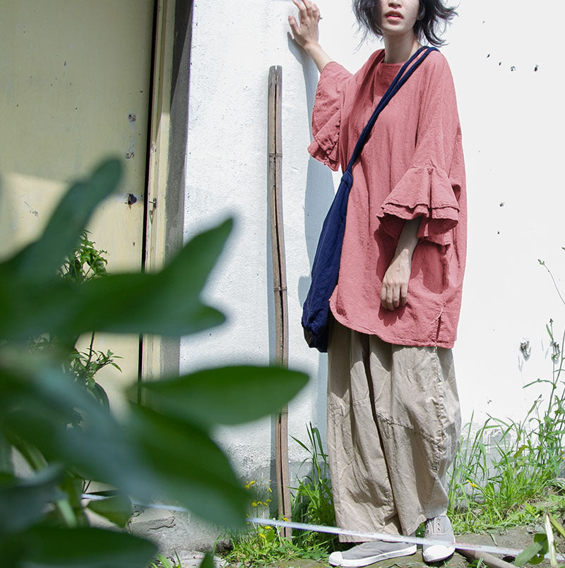 Shan Qian Nianyi, simple design sand wash loose casual literary summer linen cotton lotus leaf sleeve top