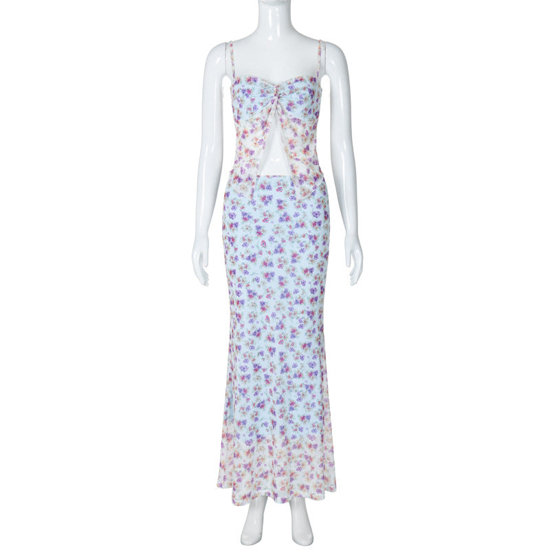 GOOSUDU 2025 ins style New new sexy double-layer mesh sling slim skirt pure desire wind floral suit women's