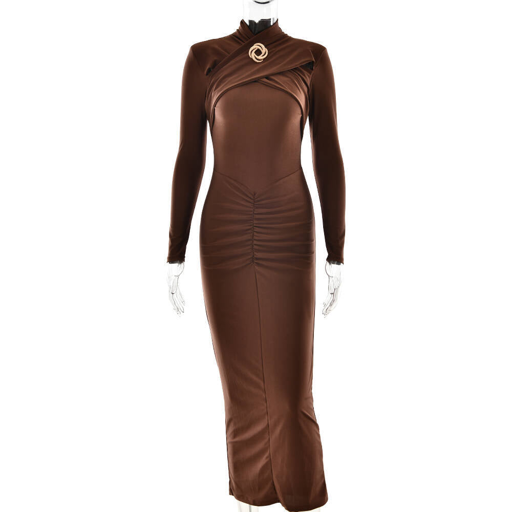 2025 New hot-selling popular new women's dress  sexy slim-fitting pleated hollow long-sleeved dress