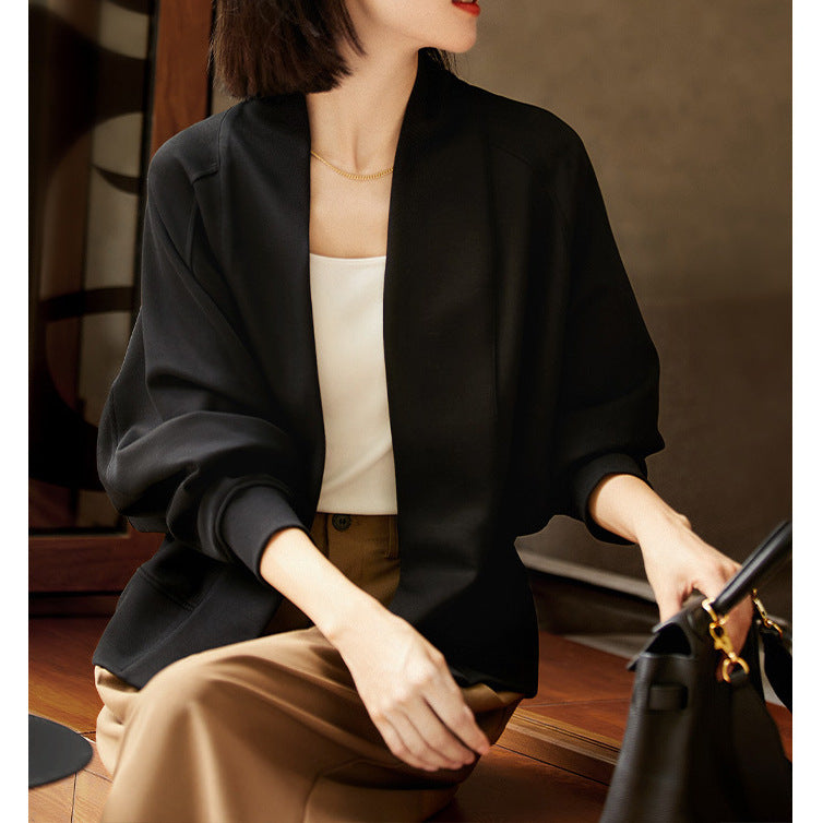 2025 Stand-cut silhouette air cotton short jacket, buckle-free open cotton elastic black and white, baseball jersey short spring women's clothing