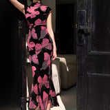 2025 Spot popular spring and summer new Chinese style improved printed cheongsam dress female spring royal sister wind waist thin dress