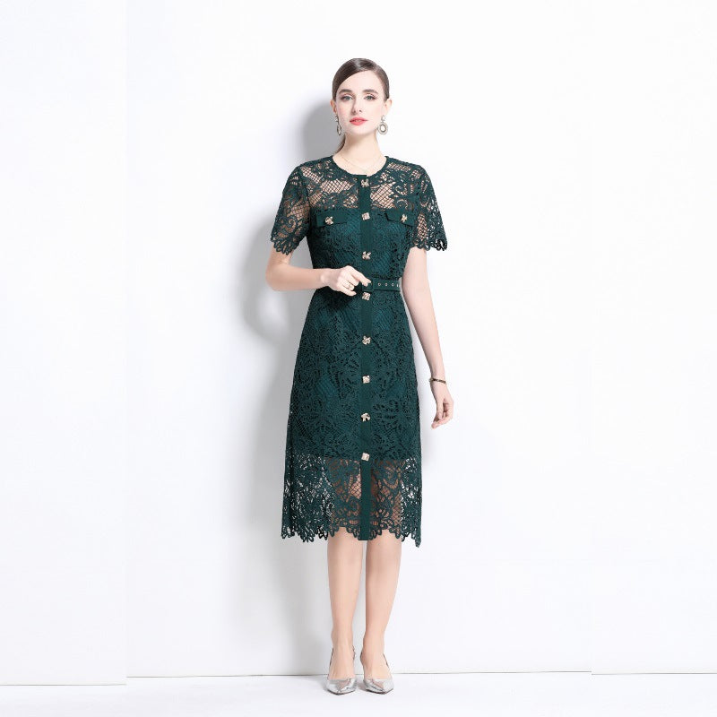 Celebrity Elegant Heavy Industry Hollow Hook Water Soluble Lace Slim Skinny Round Neck Short Sleeve Metal Button Dress Women