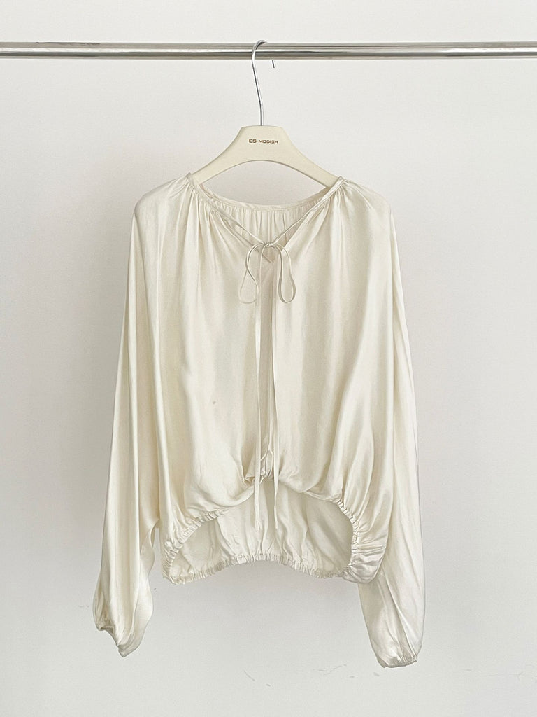 2025 ES MODISH Spring New Product Korean Edition Design Sense Drawstring Elegant Pullover Shirt Solid Color Wide Shoulder Long Sleeve Shirt