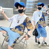 Boys' Summer Floral Color Matching Suit  Medium and Big Children Korean Style Fashion Two-Piece Suit Children's Summer Clothing Fashion Brand Suit