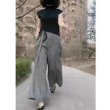 High waist and thin yarn-dyed cotton and linen plaid wide-leg pants women's  spring and summer new loose literary straight casual pants