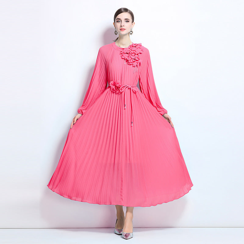 celebrity temperament dress women's high-end sense unique design flower slim and thin pleated long dress