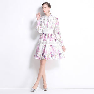 celebrity elegant hollow crochet embroidery splicing waist printing dress women's  fashion A-shaped skirt