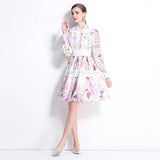 celebrity elegant hollow crochet embroidery splicing waist printing dress women's  fashion A-shaped skirt