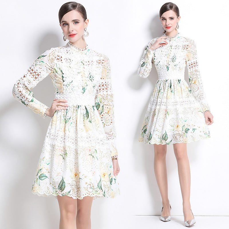 celebrity elegant hollow crochet embroidery splicing waist printing dress women's  fashion A-shaped skirt