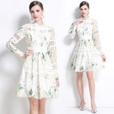 celebrity elegant hollow crochet embroidery splicing waist printing dress women's  fashion A-shaped skirt