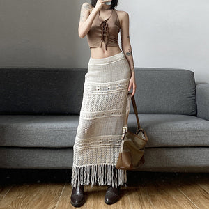 2025 style 2022 summer new women's clothing solid color slim-fitting high-waisted fashion casual fringed skirt women