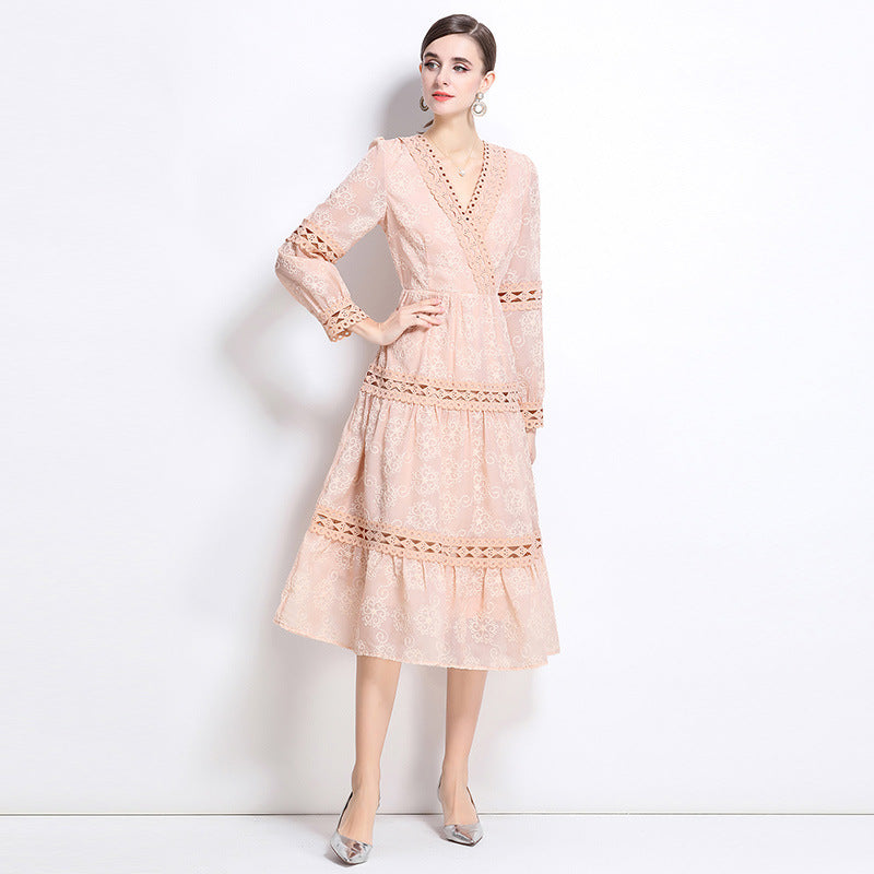 Seaside vacation style lace-up V-neck lace splicing long-sleeved dress women's waist and thin temperament fairy skirt