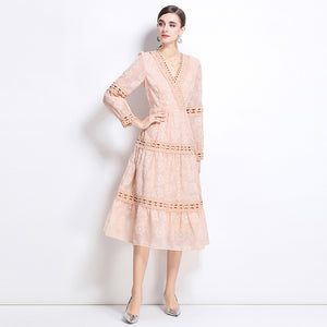 Seaside vacation style lace-up V-neck lace splicing long-sleeved dress women's waist and thin temperament fairy skirt