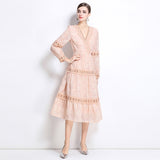 Seaside vacation style lace-up V-neck lace splicing long-sleeved dress women's waist and thin temperament fairy skirt