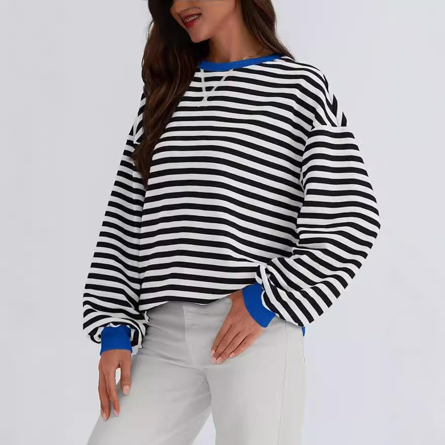 GOOSUDU New  2025 style clothing autumn and winter new round neck contrasting top striped loose long-sleeved fashion sweater