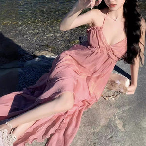 2025 Coffee Break  Beautiful Neck Suspender Dress Women's Summer Atmosphere Sexy Sanya Seaside Resort Beach Dress