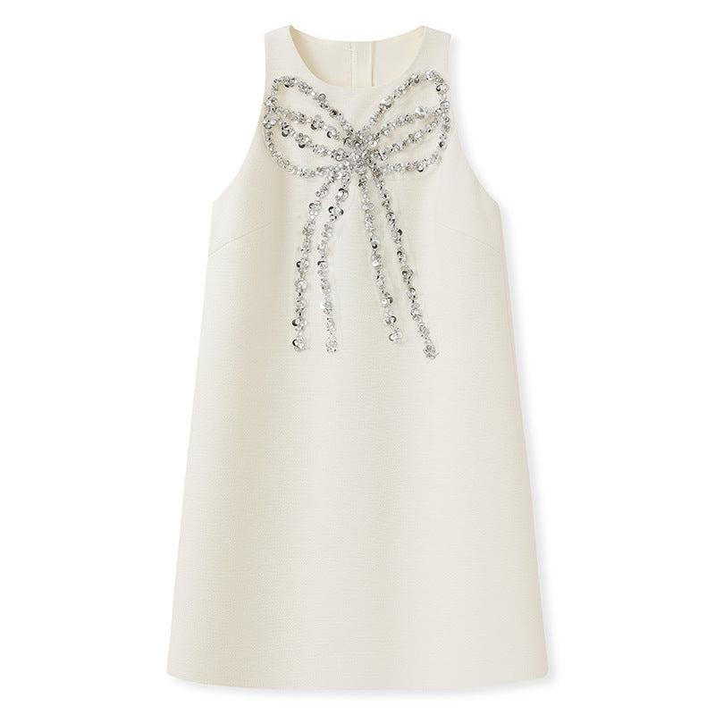 Xiaoxiangfeng's new heavy industry three-dimensional bead design sense, round neck sleeveless temperament, waist and thin dress N1016