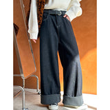 2025 popular winter new Korean versatile loose velvet flanged striped denim wide-leg pants 6373