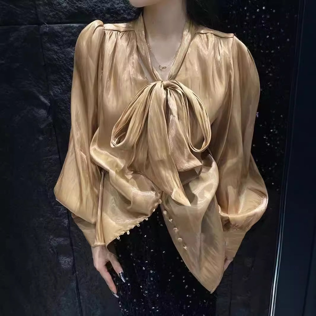 2025 popular autumn new bow lace-up mercerized shirt for women, Korean version of temperament socialite loose long-sleeved top for women