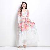 Popular trade  holiday style women's clothing new flower oil painting style lace splicing V-neck long dress