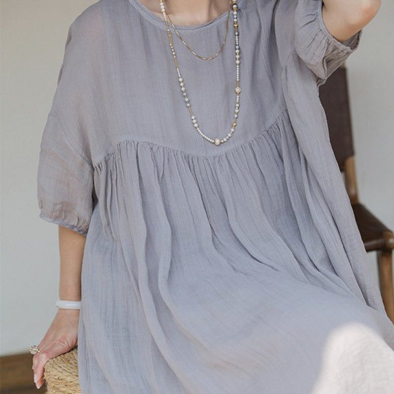 Five-quarter sleeve ramie dress gradual change design sense large size loose cotton and linen long dress loose  new summer