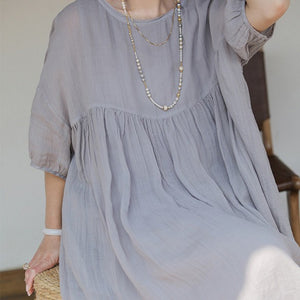 Five-quarter sleeve ramie dress gradual change design sense large size loose cotton and linen long dress loose  new summer