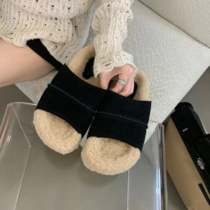 2025  Vintage Birkenstock fluffy slippers women wear popular retro muffin ugly cute thick-bottomed cotton slippers lazy one-word slippers