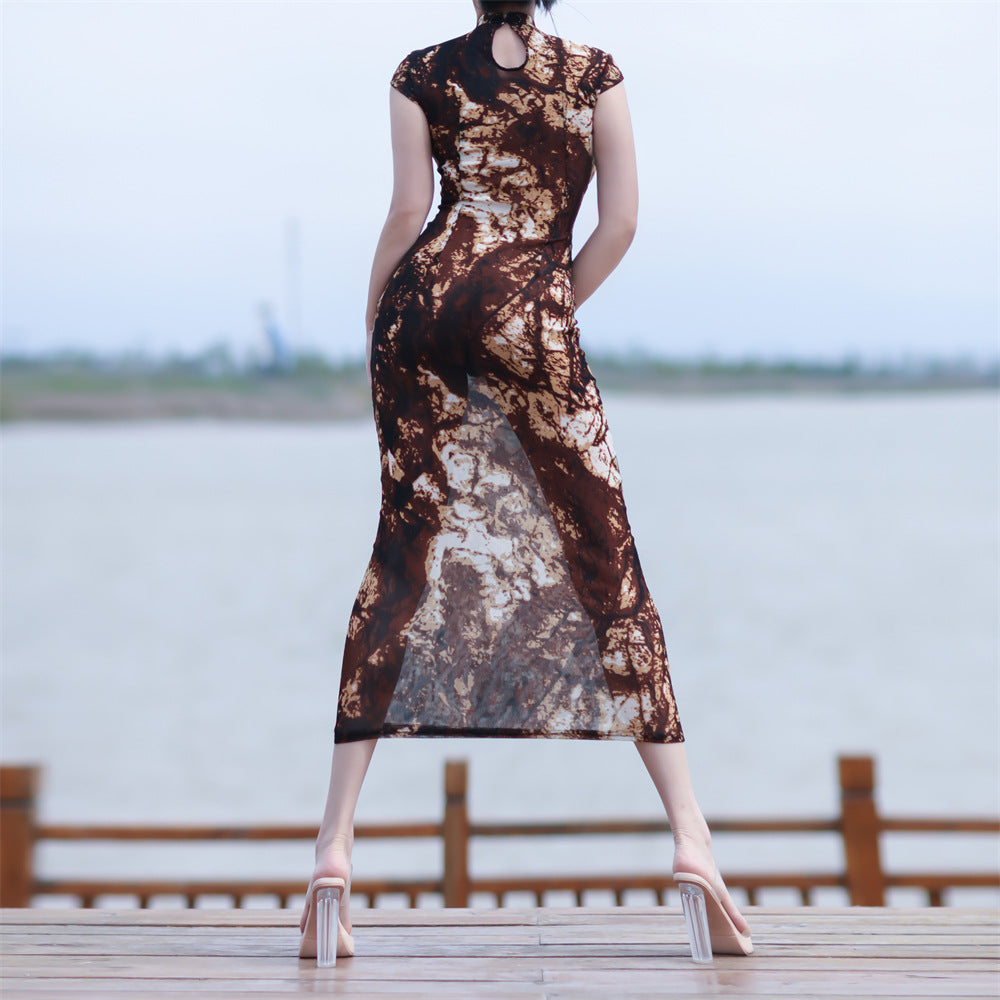 Summer Show Women's Clothing Exposed Chinese Style Slim Fit Modified Cheongsam Sexy Long Skinny Sheath Maxi Dress