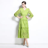 spring new women's dress new  retro hollowed crochet waist lantern sleeve big swing dress