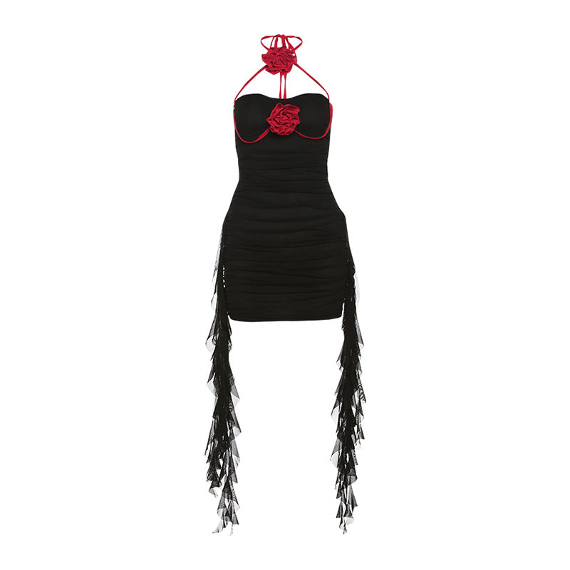 2025 style popular summer new women's clothing trend contrasting colors flower one-word neck wavy edge dress