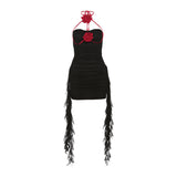 2025 style popular summer new women's clothing trend contrasting colors flower one-word neck wavy edge dress