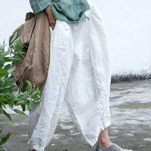 Shan Qian Nianyi, spring and summer design new linen washed casual pants literary simplicity white high-texture wide-leg pants