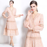 Seaside vacation style lace-up V-neck lace splicing long-sleeved dress women's waist and thin temperament fairy skirt