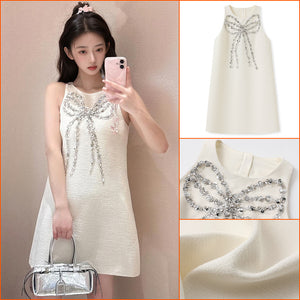 Xiaoxiangfeng's new heavy industry three-dimensional bead design sense, round neck sleeveless temperament, waist and thin dress N1016
