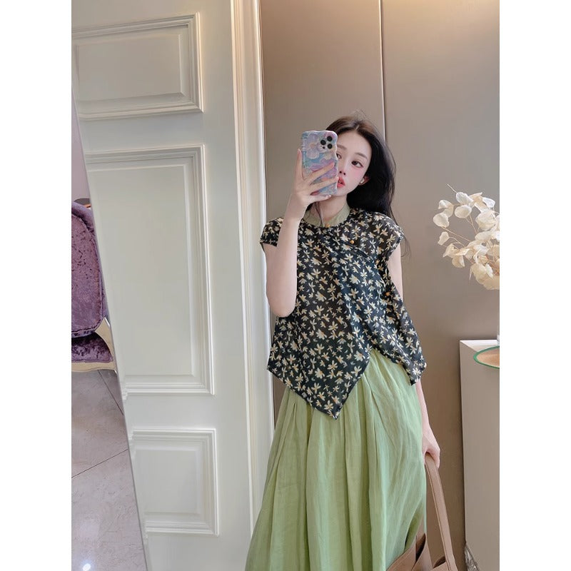 Cotton and linen new Chinese-style diagonal placket-button sleeveless shirt, national style printing retro literary temperament top women