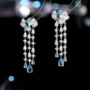 2025 S925 silver needle niche temperament high-end dinner dress bridal earrings bow long water drop fringed earrings
