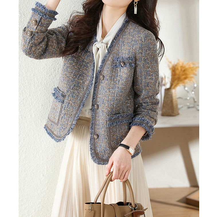 2025 Wool high-end color rough edge small fragrant coat women's spring women's tweed short autumn women's top