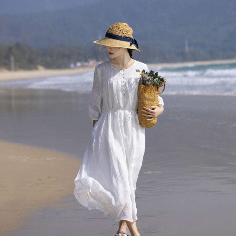 Dress  summer new temperament embroidery thin mid-sleeved big pendulum cool travel fairy vacation dress