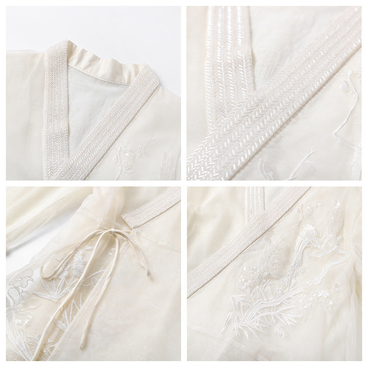 2025 spring new Chinese style flower and bird embroidered mulberry silk shirt white loose outer top women's M3074