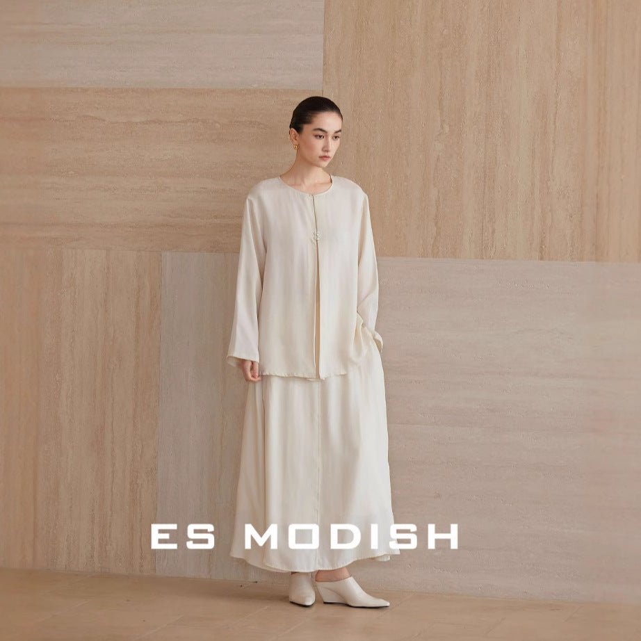 2025 ES MODISH spring new national style retro simple and elegant long-sleeved shirt + A-shaped skirt suit for girls