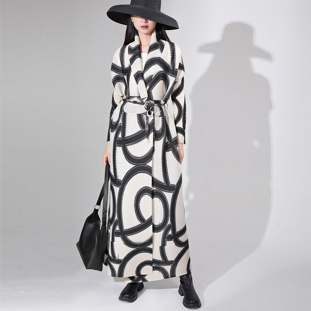 2025 High-quality New trench coat long jacket women's loose printing lace-up lapel pleated temperament coat