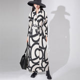 2025 High-quality New trench coat long jacket women's loose printing lace-up lapel pleated temperament coat