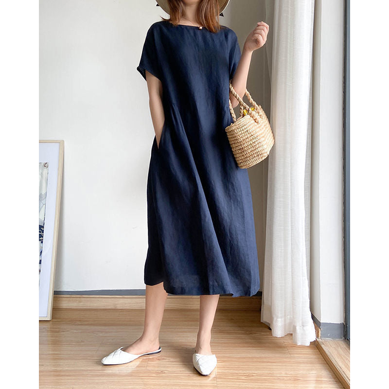 Simple literary and artistic fan loose and thin cotton and linen dress women's summer  new large size fat mm medium and long skirt