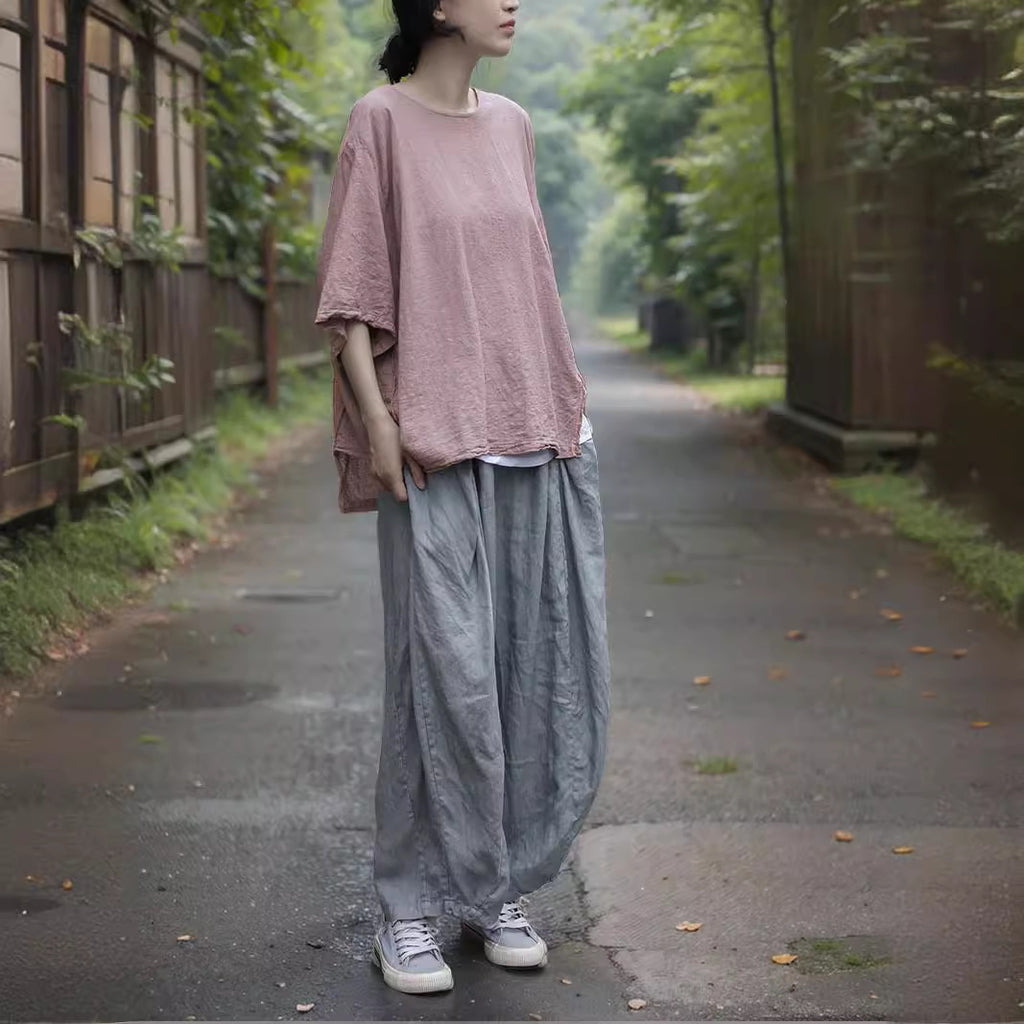 Shan Qian Nianyi, summer literary and elegant cotton and linen T-shirt, small man is thin, breathable and comfortable, irregular clip top